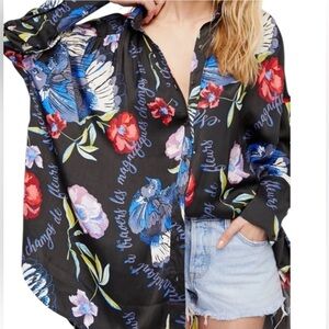 Fre people silky night satin tunic top blouse shirt high floral size S